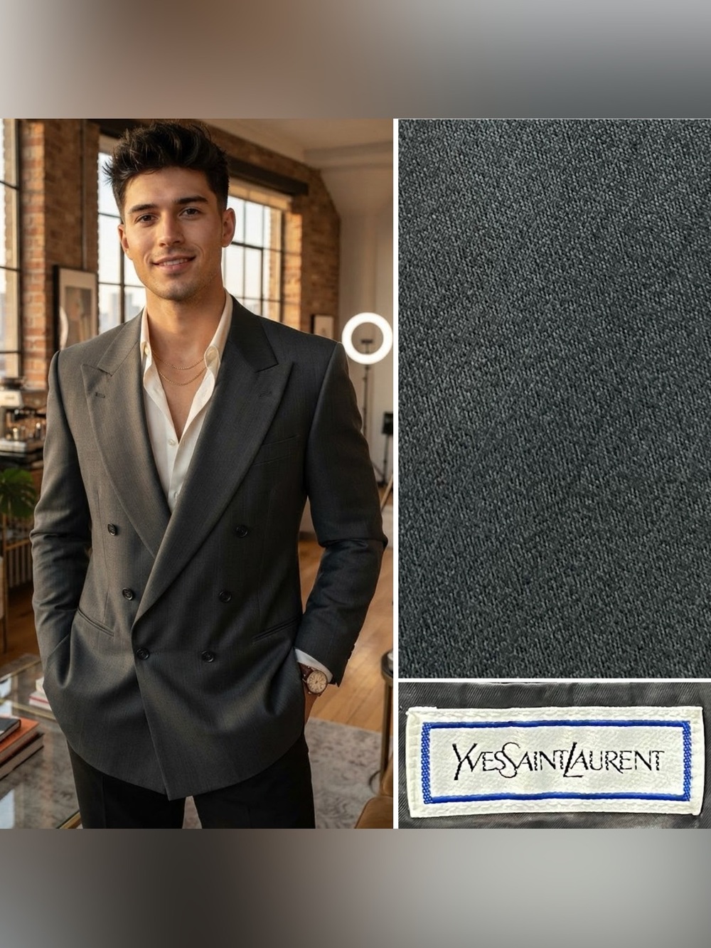 YSL Vintage Men's 46L Gray Pinstripe Double Breasted Blazer Jacket Saint Laurent